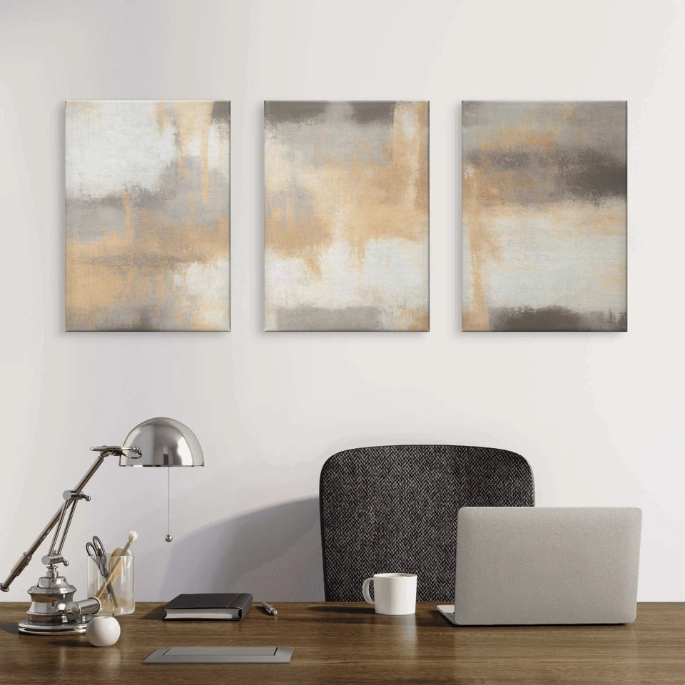 3pcs Neutral Grey and Gold Abstract Brushstroke Wall Art Set Canvas Framed 50x70cm - High Quality Print 100% Australian Made Wall Canvas Ready to Hang
