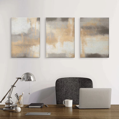 3pcs Neutral Grey and Gold Abstract Brushstroke Wall Art Set Canvas Framed 50x70cm - High Quality Print 100% Australian Made Wall Canvas Ready to Hang