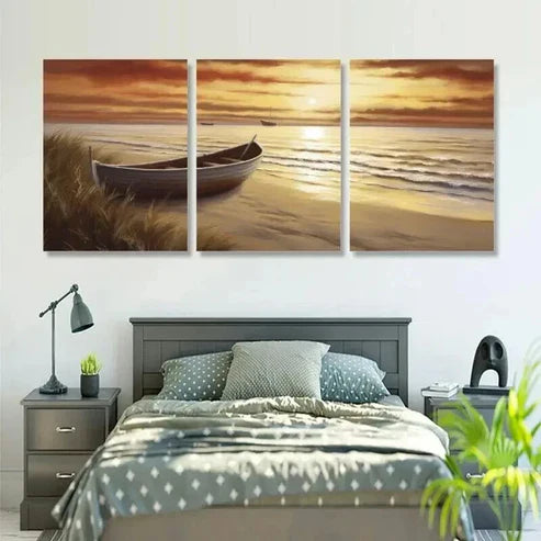 3pcs Ocean Seascape with Boat at Sunset Wall Art Canvas Unframed - High Quality Print 100% Australian Made Wall Canvas