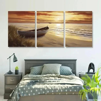 3pcs Ocean Seascape with Boat at Sunset Wall Art Canvas Unframed - High Quality Print 100% Australian Made Wall Canvas