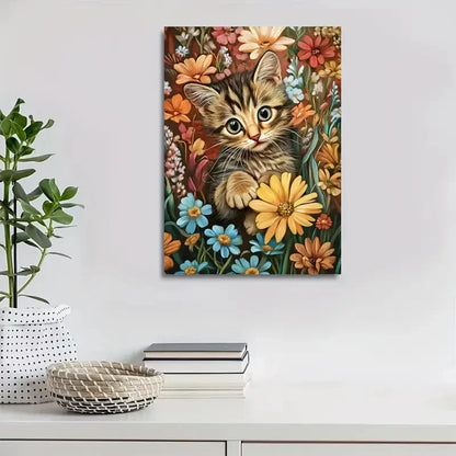 Cute Tabby Kitten with Vibrant Flowers Painting 40x60cm Metal Print Ready to Hang - Bella Home Decor