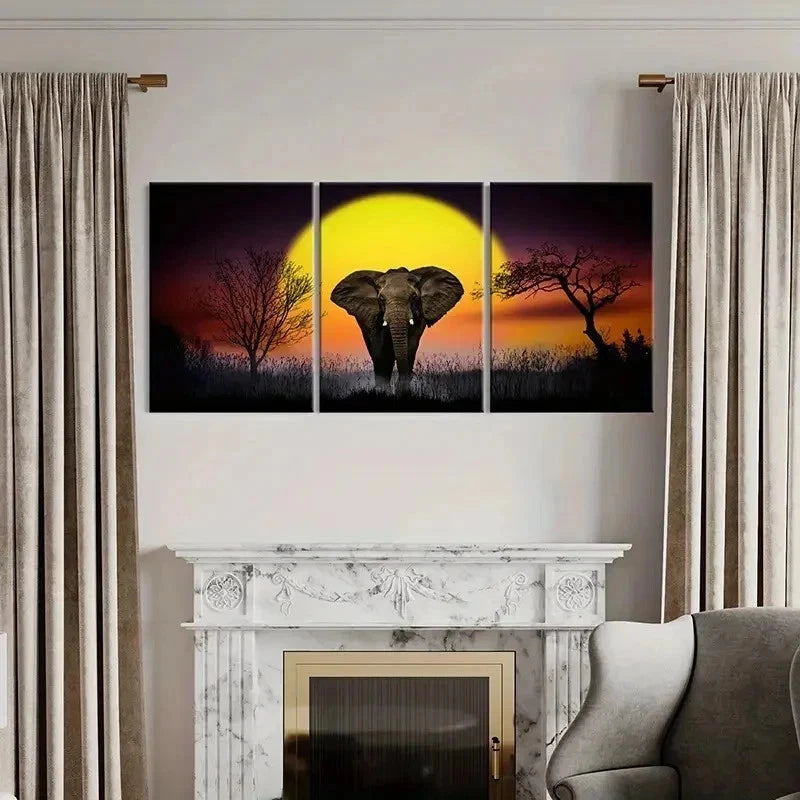 3pcs African Elephant Sunset Modern Wall Art Set Canvas Framed 60x90cm - High Quality Print 100% Australian Made Wall Canvas Ready to Hang - Bella Home Decor