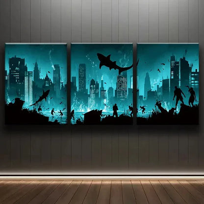 3pcs A City Submerged in the Ocean Blue Dark Wall Art Set Canvas Unframed - High Quality Print 100% Australian Made Wall Canvas - Bella Home Decor