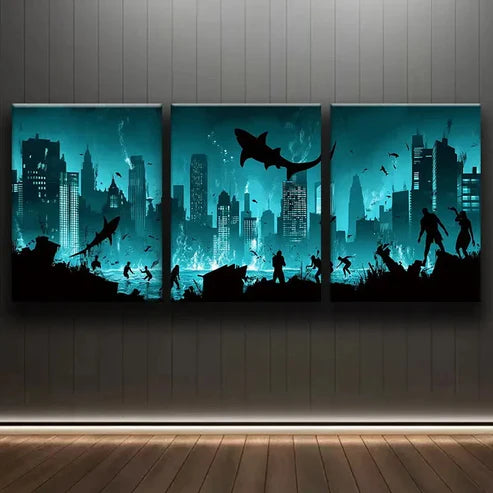 3pcs A City Submerged in the Ocean Blue Dark Wall Art Set Canvas Unframed - High Quality Print 100% Australian Made Wall Canvas