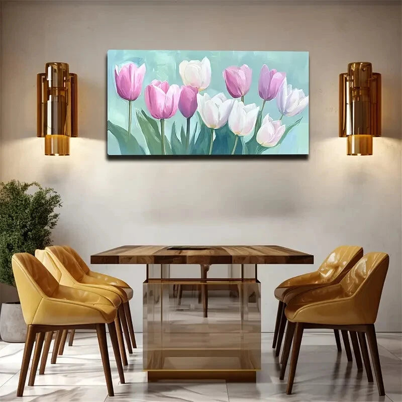 White & Light Blue Pink Tulip Wall Art Canvas Office Home Room Framed 120x60cm - Bella Home Decor
