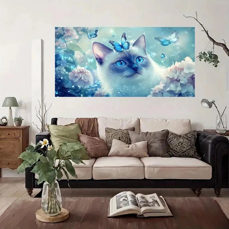 Blue Butterfly Fantasy Cat Wall Art Canvas Office Home Room Framed 120x60cm