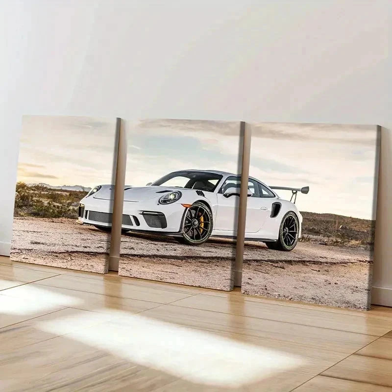 3pcs Sleek Sports Car White Porsche Wall Art Set Canvas Framed 60x90cm - High Quality Print 100% Australian Made Wall Canvas Ready to Hang