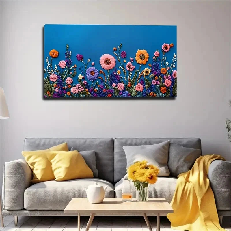 Embroidered Texture Flowers Wall Art Canvas Office Home Room Framed 120x60cm