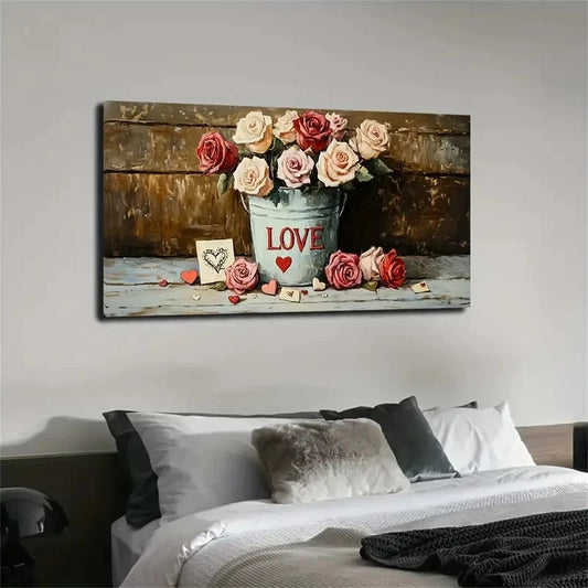 Pink Roses & Hearts Romantic Wall Art Canvas Office Home Room Framed 120x60cm