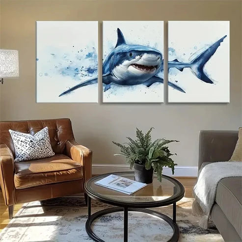 3pcs Shark Splashing Through Ocean Waves Perfect Wall Art Set Canvas Unframed - High Quality Print 100% Australian Made Wall Canvas
