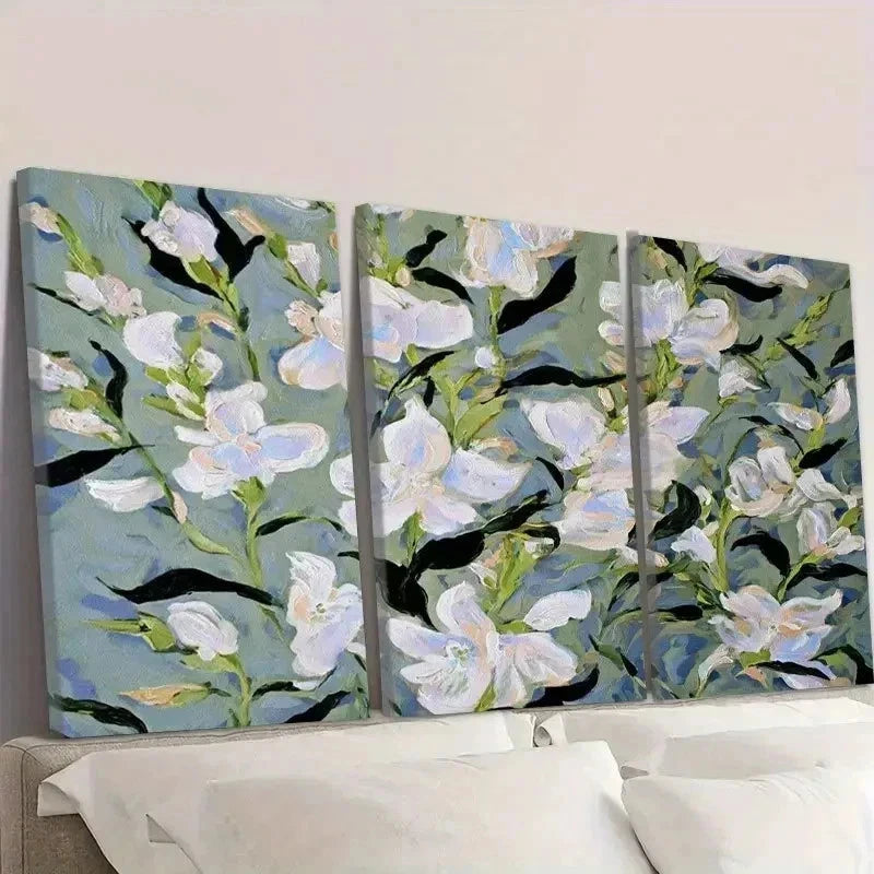 3pcs White Floral with Blue Green Abstract Wall Art Set Canvas Framed 40x60cm - High Quality Print 100% Australian Made Wall Canvas Ready to Hang