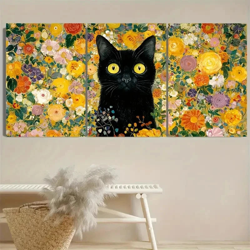 3pcs Gustav Klimt Inspired Garden Cat Wall Art Set Canvas Framed 40x60cm - High Quality Print 100% Australian Made Wall Canvas Ready to Hang