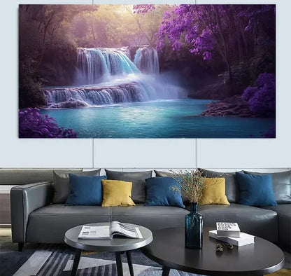 Retro Purple Waterfall Nature  Wall Art Canvas Office Home Room Framed 120x60cm