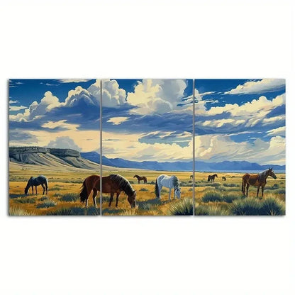 3pcs Horses Grazing Open Field Nature Wall Art Set Canvas Framed 50x70cm - High Quality Print 100% Australian Made Wall Canvas Ready to Hang