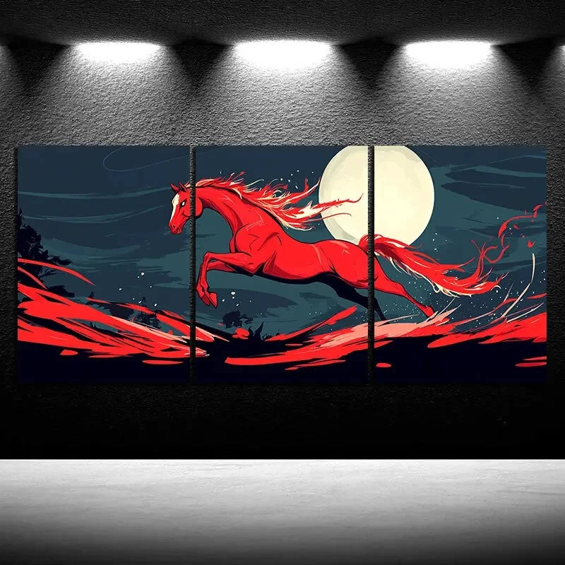 3pcs Horse Jumping Under Moonlight Red Themed Metal Print Ready to Hang Art - Bella Home Decor