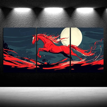 3pcs Horse Jumping Under Moonlight Red Themed Metal Print Ready to Hang Art - Bella Home Decor