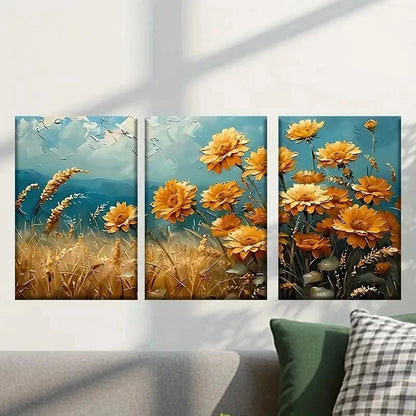 3pcs Yellow Flowers in a Field & Blue Sky Wall Art Set Canvas Framed 50x70cm - High Quality Print 100% Australian Made Wall Canvas Ready to Hang