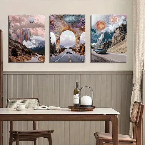 3pcs Panel Surreal Cosmic Road Trip Perfect Wall Art Canvas Unframed – High Quality Print 100% Australian Made Wall Canvas
