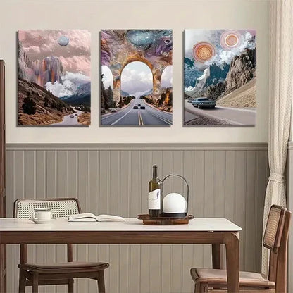 3pcs Panel Surreal Cosmic Road Trip Perfect Wall Art Canvas Unframed – High Quality Print 100% Australian Made Wall Canvas