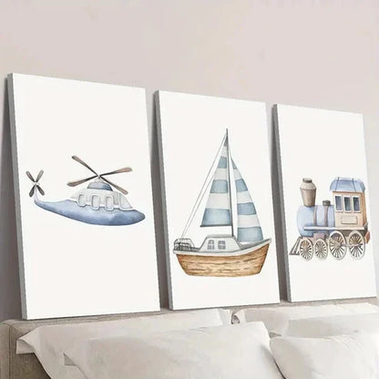 3pcs Sailboat Train Airplane Illustration Wall Art Set Canvas Unframed - High Quality Print 100% Australian Made Wall Canvas
