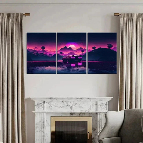 3pcs Vibrant Vaporwave & Cyberpunk Car Wall Art Wall Art Canvas Unframed - High Quality Print 100% Australian Made Wall Canvas