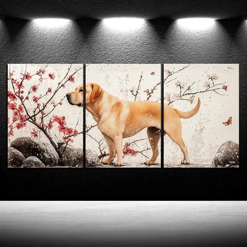 3pcs Dog & Cherry Blossom Modern Metal Print Ready to Hang Art - Bella Home Decor