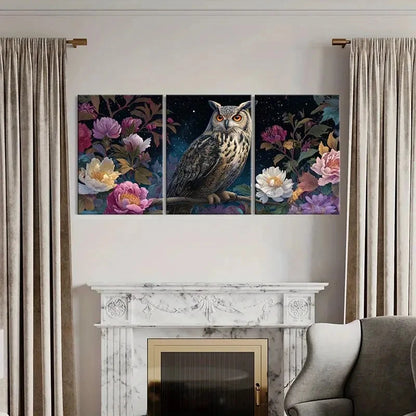 3pcs Owl Floral Design Night Sky Decor   Wall Art Set Canvas Framed 50x70cm - High Quality Print 100% Australian Made Wall Canvas Ready to Hang