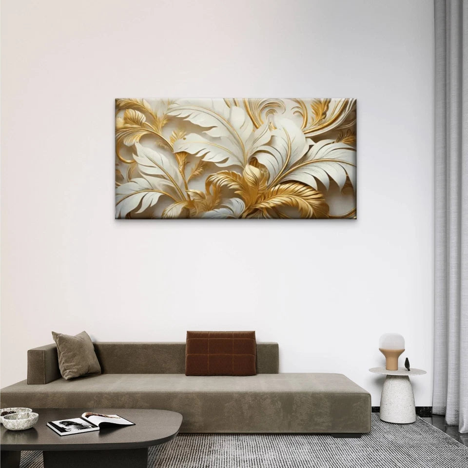 Giant Golden Leaves Flowers Wall Art Canvas Office Home Room Framed 120x60cm