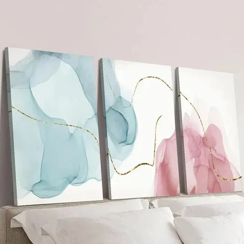 3pcs Pink Blue White & Golden Lines Wall Art Set Canvas Unframed - High Quality Print 100% Australian Made Wall Canvas
