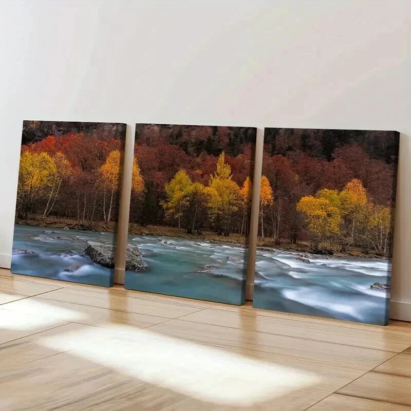 3pcs Modern Autumn Lake and Forest Wall Art Set Canvas Framed 50x70cm - High Quality Print 100% Australian Made Wall Canvas Ready to Hang - Bella Home Decor