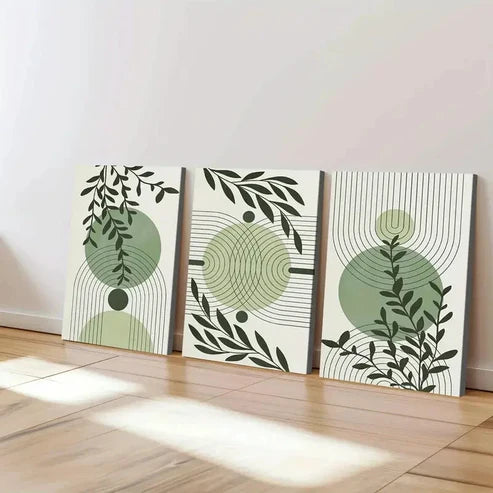 3pcs Abstract Mid Century Boho Geometric Leaves Wall Art Canvas Unframed - High Quality Print 100% Australian Made Wall Canvas - Bella Home Decor