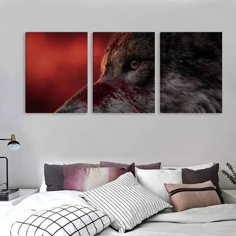 3pcs Modern Wolf & Blood Red Art Triptych   Wall Art Set Canvas Framed 60x90cm - High Quality Print 100% Australian Made Wall Canvas Ready to Hang - Bella Home Decor