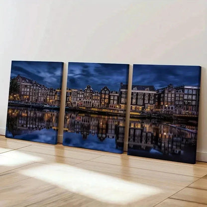 3pcs Netherlands Landscape Amsterdam Canal Wall Art Set Canvas Framed 60x90cm - High Quality Print 100% Australian Made Wall Canvas Ready to Hang - Bella Home Decor