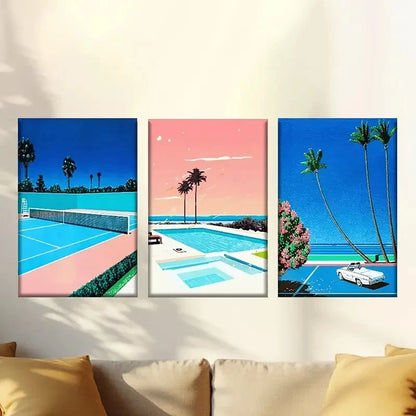 3pcs Tennis Court and Palm Trees Wall Art Set Canvas Framed 60x90cm - High Quality Print 100% Australian Made Wall Canvas Ready to Hang