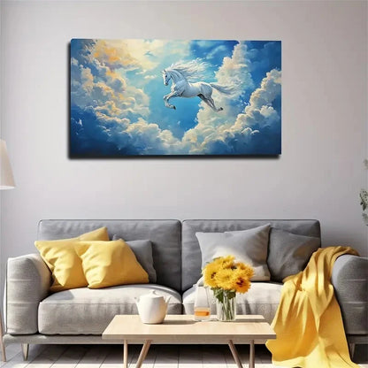 White Unicorn Leaping In Cloud Wall Art canvas office home room framed 120x60cm