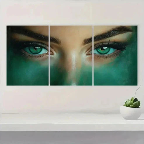 3pcs Green Striped Female Eyes  Wall Art Set Canvas Unframed – High Quality Print, 100% Australian Made Wall Canvas - Bella Home Decor