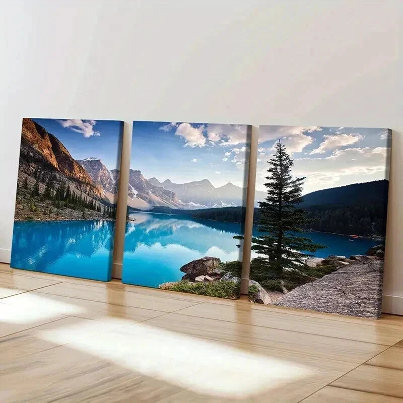 3pcs Vibrant Mountain Lake Scenery Tranquil Sky Wall Art Set Canvas Framed 50x70cm - High Quality Print 100% Australian Made Wall Canvas Ready to Hang - Bella Home Decor