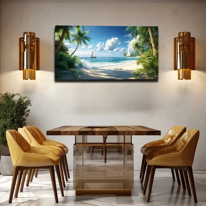 Serene Beach Scene Sailboats Wall Art canvas office home room framed 120x60cm