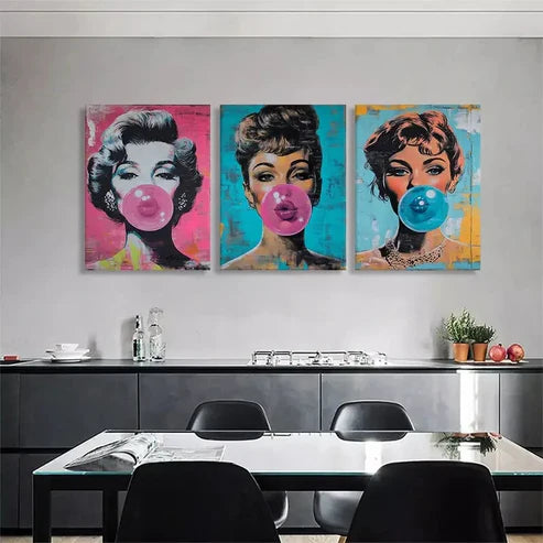 3pcs Pop Art Glamorous Women Gum Blowing Wall Art Canvas Unframed - High Quality Print 100% Australian Made Wall Canvas