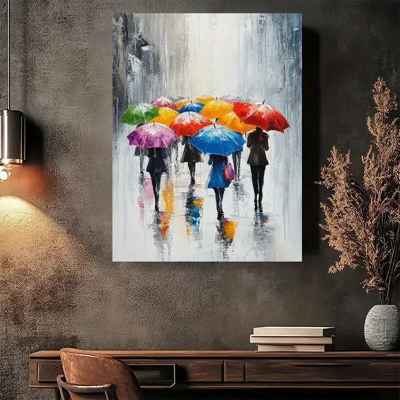 Beautiful Rainy Day Colorful Umbrellas Painting 40x60cm Metal Print Ready to Hang - Bella Home Decor
