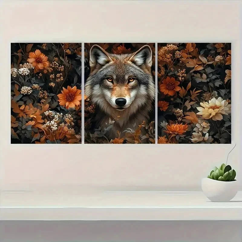 3pcs Wolf and Floral Canvas Art I  Wall Art Set Canvas Framed 50x70cm - High Quality Print 100% Australian Made Wall Canvas Ready to Hang