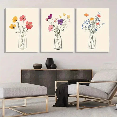 3pcs Floral Vase Colorful Flowers Wall Art Canvas Unframed - High Quality Print 100% Australian Made Wall Canvas