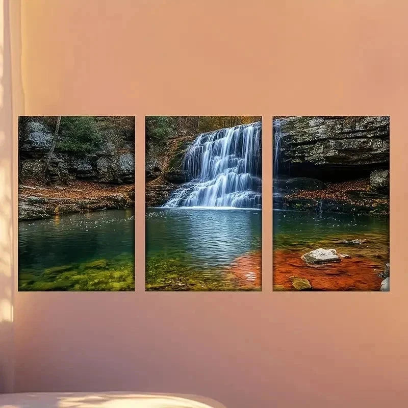 3pcs Waterfall in The Woods with a Red Rock Wall Art Set Canvas Framed 40x60cm - High Quality Print 100% Australian Made Wall Canvas Ready to Hang
