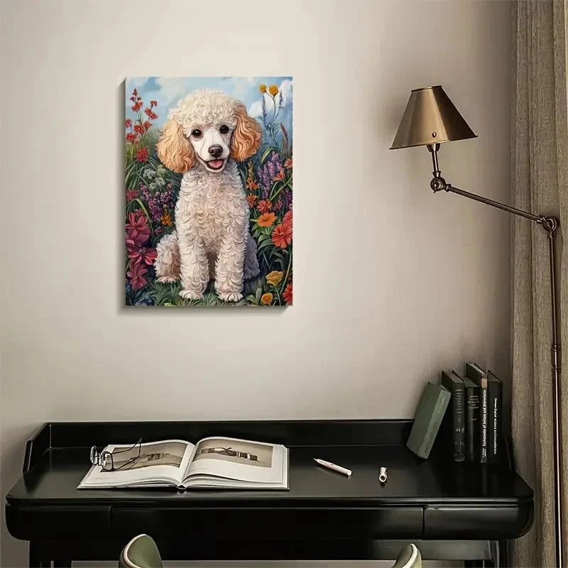 Cute Poodle Dog & Floral Botanical Painting 40x60cm Metal Print Ready to Hang - Bella Home Decor