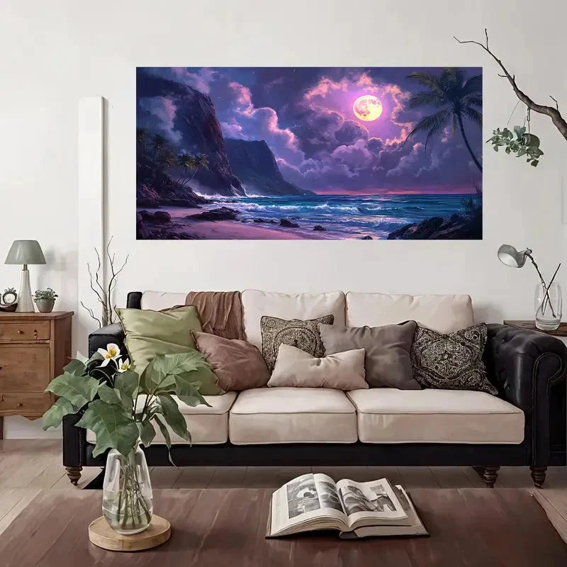 Purple Moonlit Beach Palm Tree Wall Art Canvas Office Home Room Framed 120x60cm