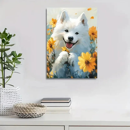Cute Samoyed Dog with Flowers Painting 40x60cm Metal Print Ready to Hang - Bella Home Decor