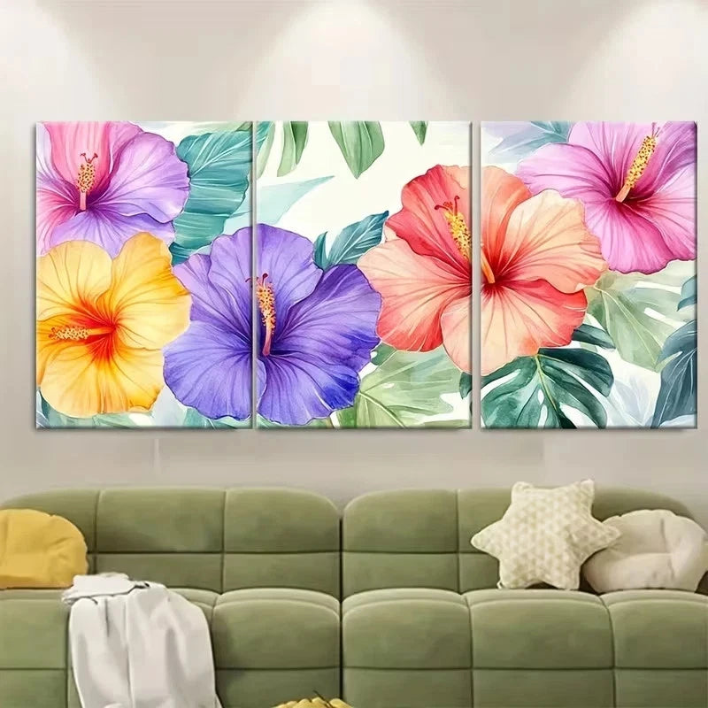 3pcs Stunning Hibiscus Watercolor Painting Wall Art Set Canvas Framed 60x90cm - High Quality Print 100% Australian Made Wall Canvas Ready to Hang