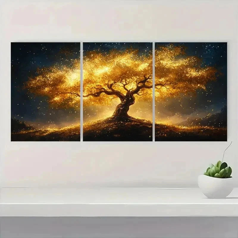 3pcs Golden Tree & Starry Night Sky VU    Wall Art Set Canvas Framed 40x60cm - High Quality Print 100% Australian Made Wall Canvas Ready to Hang - Bella Home Decor