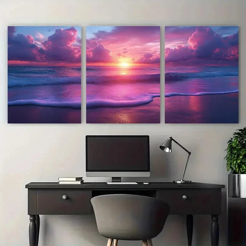 3pcs Beach Sunrise Cotton Candy Pink Perfect Wall Art Set Canvas Framed 40x60cm - High Quality Print 100% Australian Made Wall Canvas Ready to Hang - Bella Home Decor