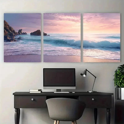 3pcs Seascape Sunrise Rocky Coastline Perfect Wall Art Set Canvas Framed 50x70cm - High Quality Print 100% Australian Made Wall Canvas Ready to Hang